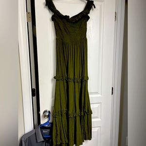 Olive green tiered off the shoulder maxi dress
